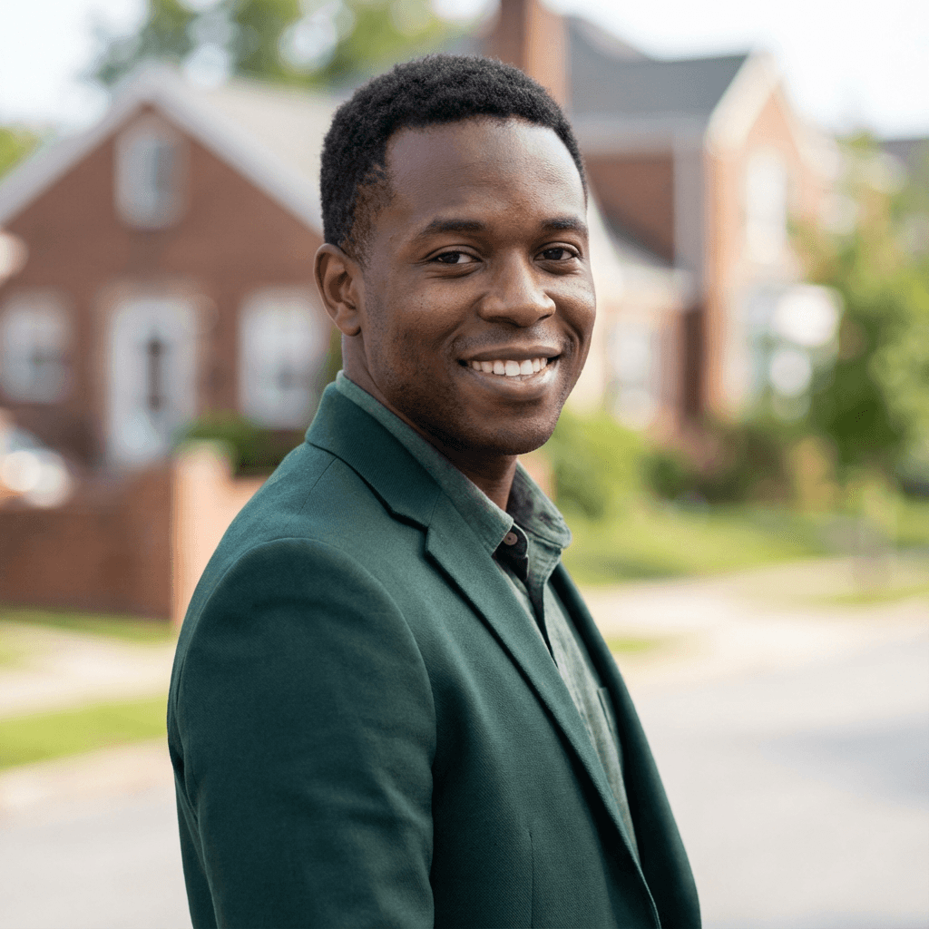 David Okafor in a collared shirt standing outside a clean storefront