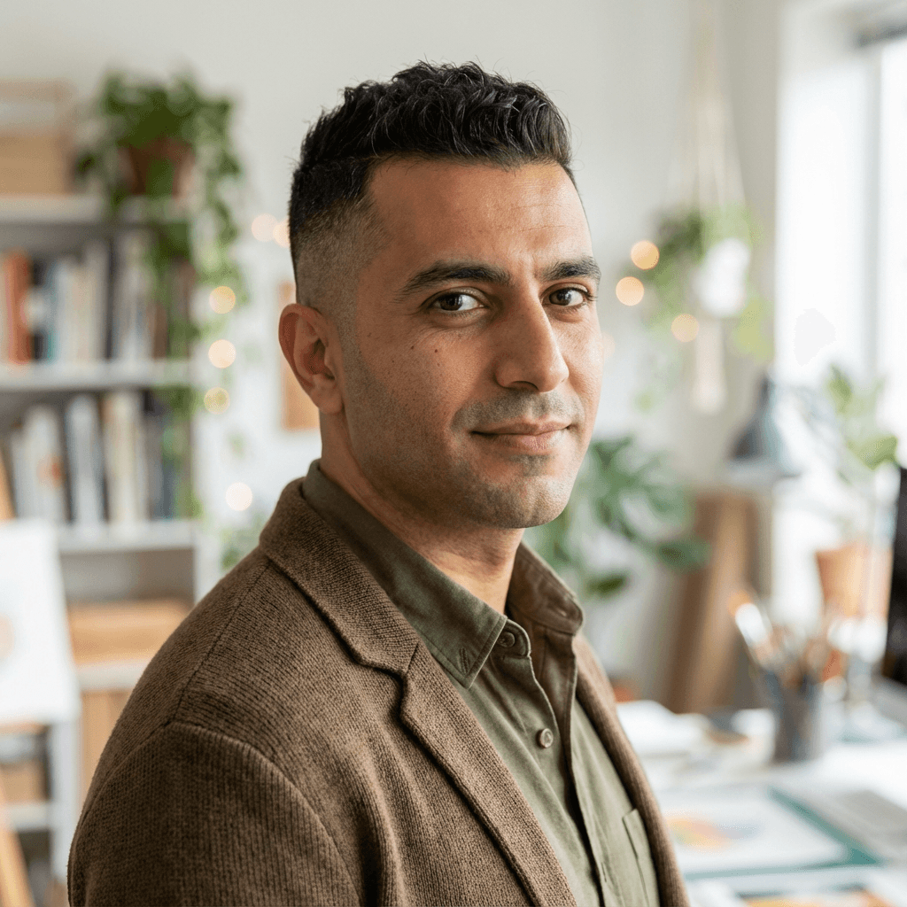 Omar Benslimane in his late 30s, Middle Eastern, with a professional and approachable expression