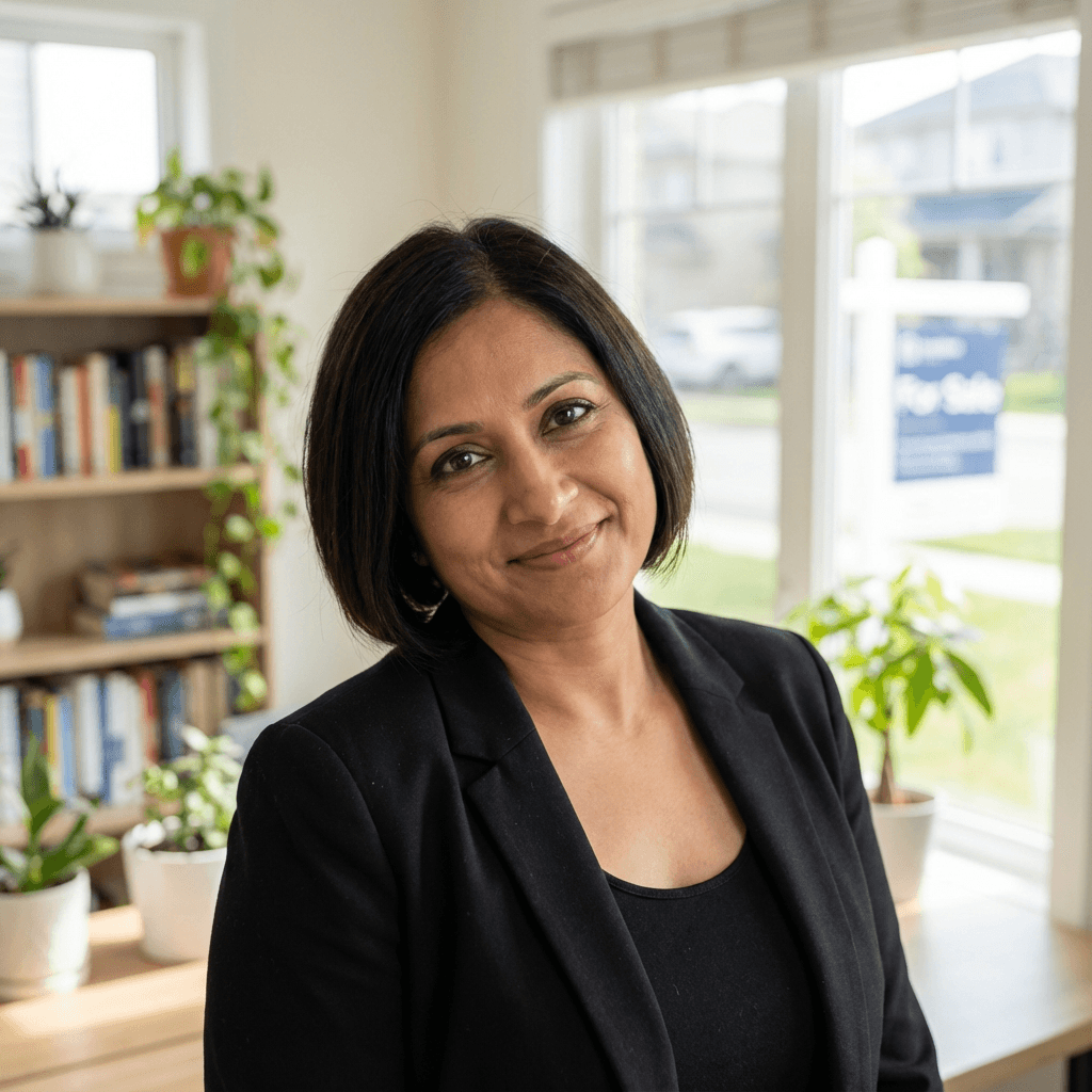 Priya Sharma, Toronto homeowner, smiling outside her house