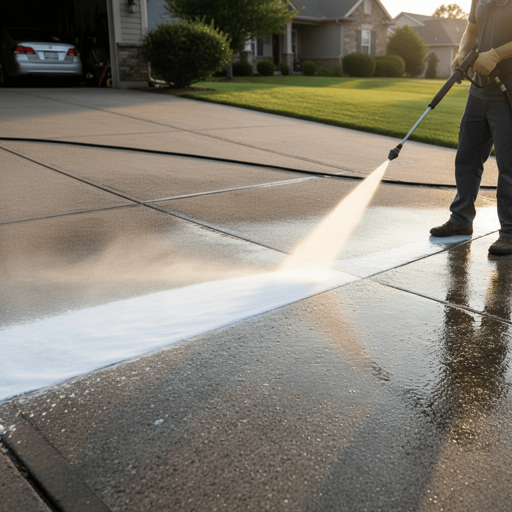 Technician pressure washing a concrete driveway with high pressure water spray