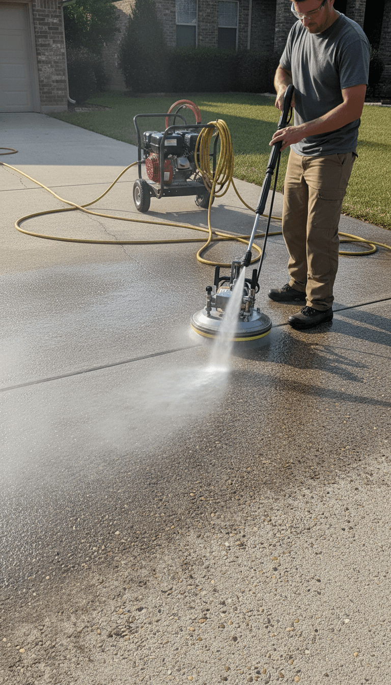 Pressure washer spraying water across a concrete driveway