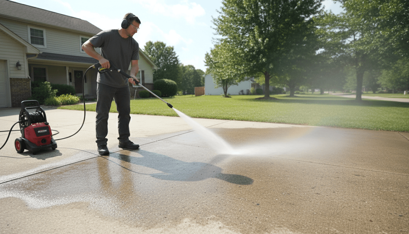Professional pressure washing a concrete driveway with a high pressure spray