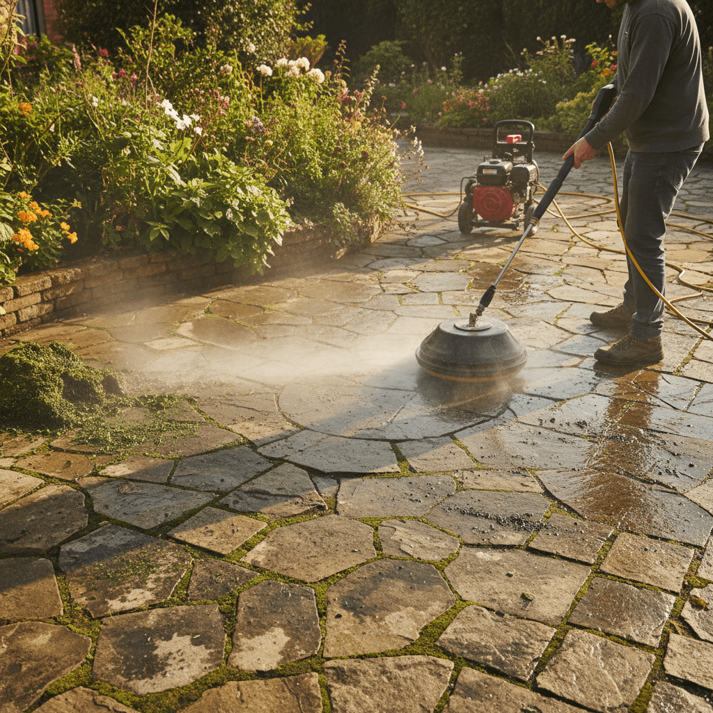Cleaning stone patio pavers with pressure washer removing moss and grime