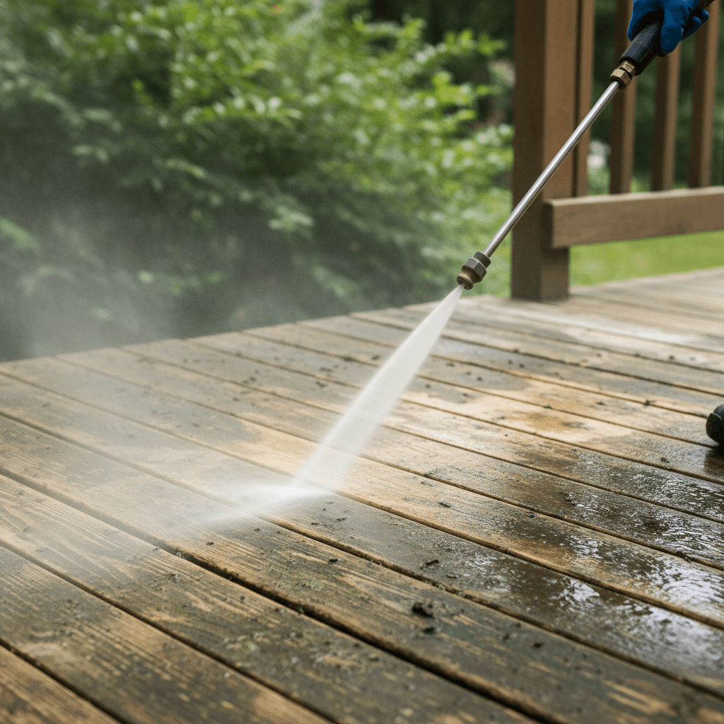 Pressure washing wooden deck gently removing algae and weathering stains