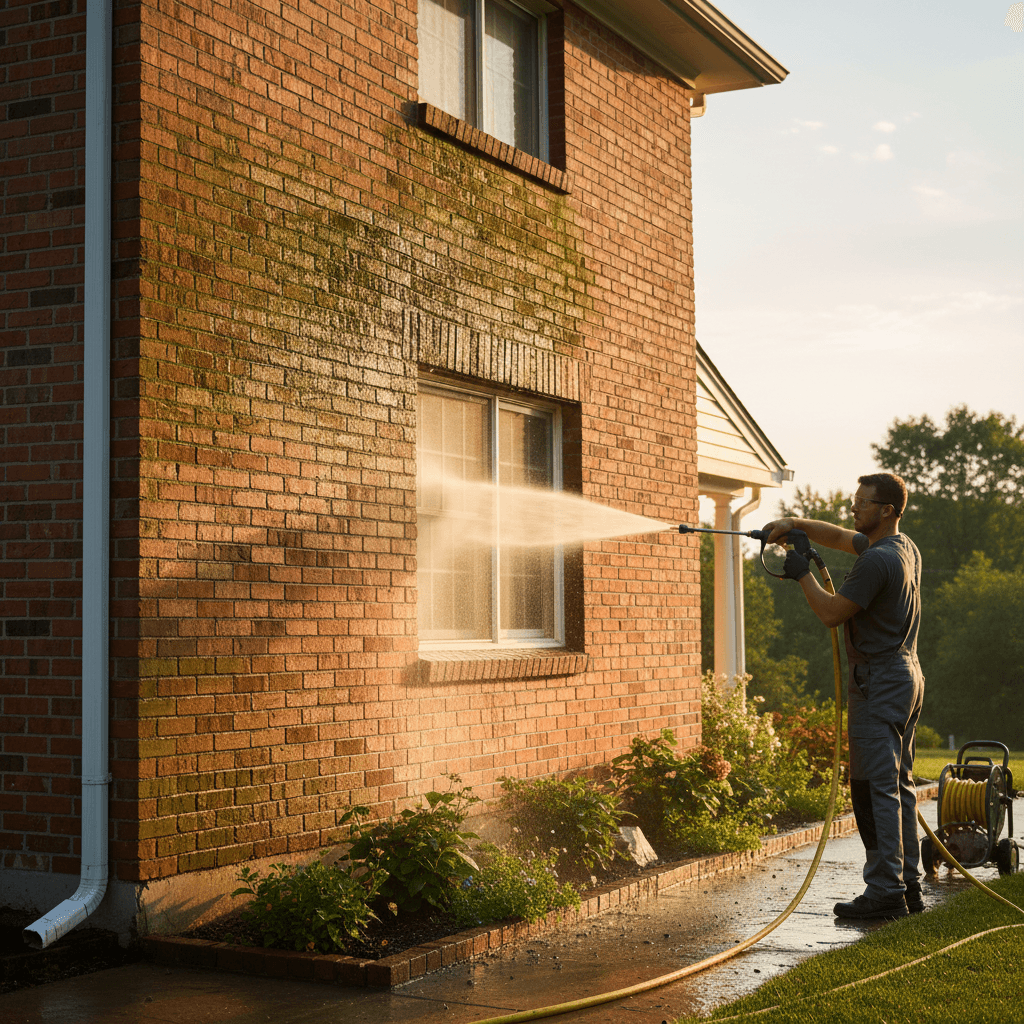Washing exterior brick wall of house with pressure washer removing dirt buildup