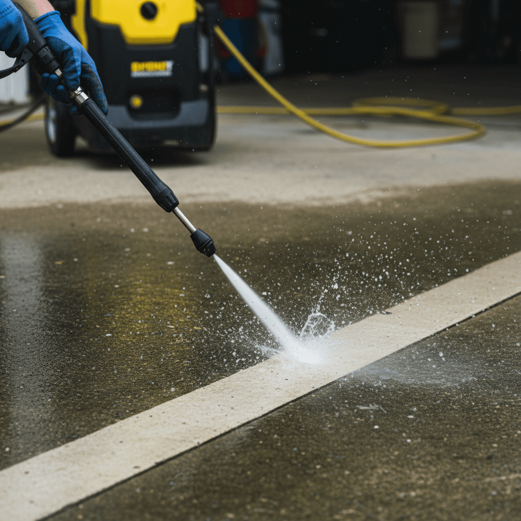 Pressure washing a concrete sidewalk with a wand