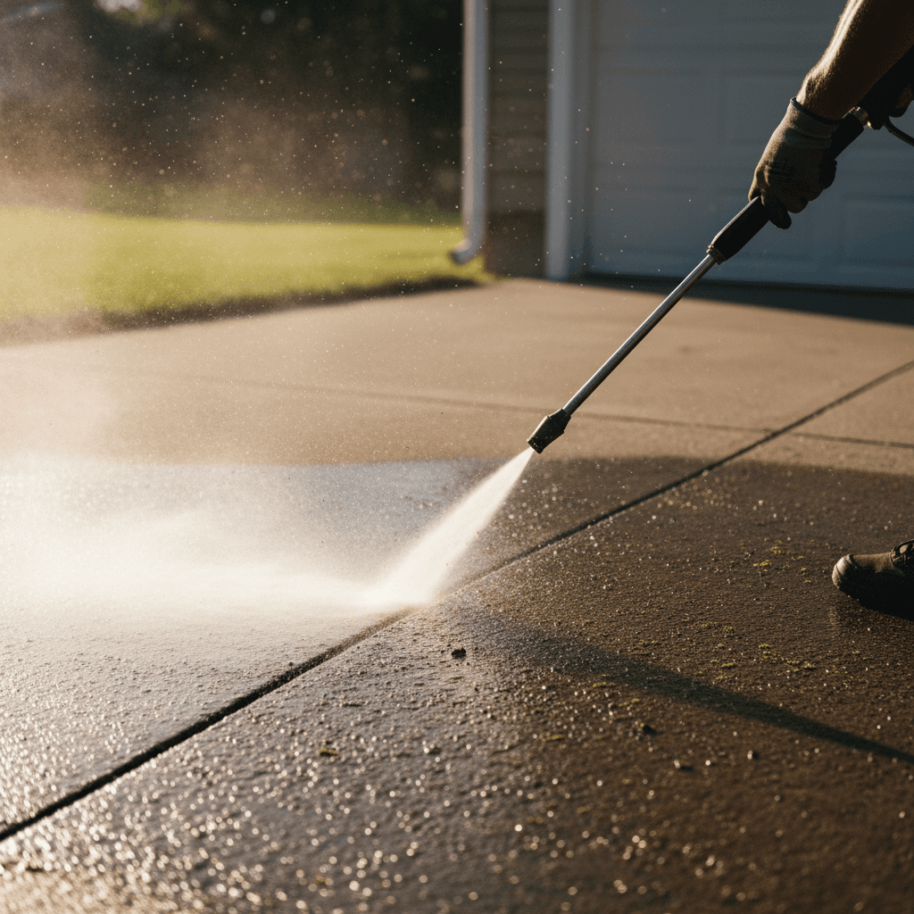 Pressure washing a concrete driveway with a wide spray wand