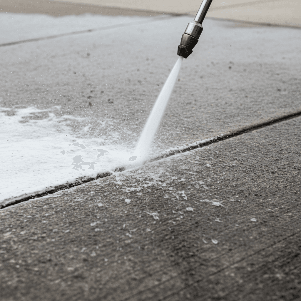 Pressure washing professional inspecting a surface before cleaning