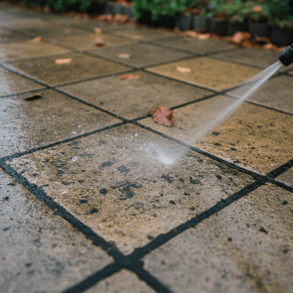 Pressure washing a stone patio with a low-pressure nozzle