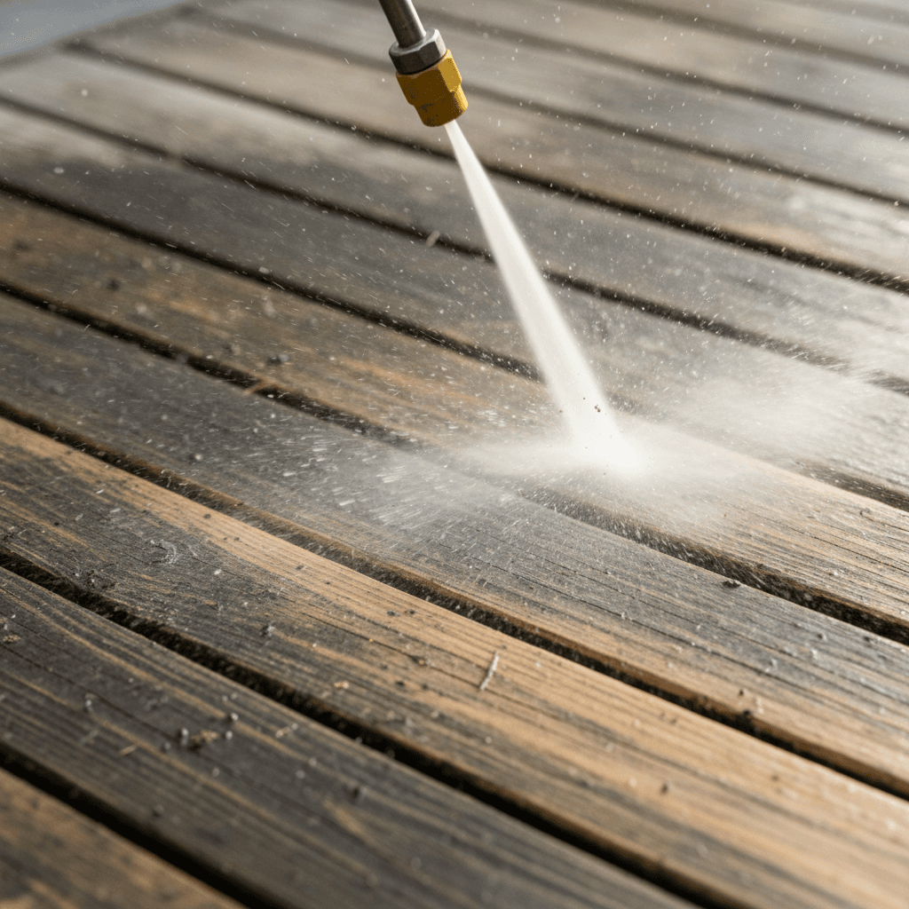 Pressure washing a wooden deck with a gentle spray